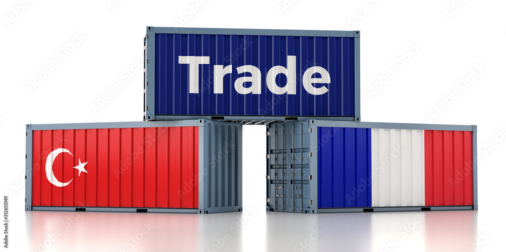 Freight container with Turkey and France flag. 3D Rendering