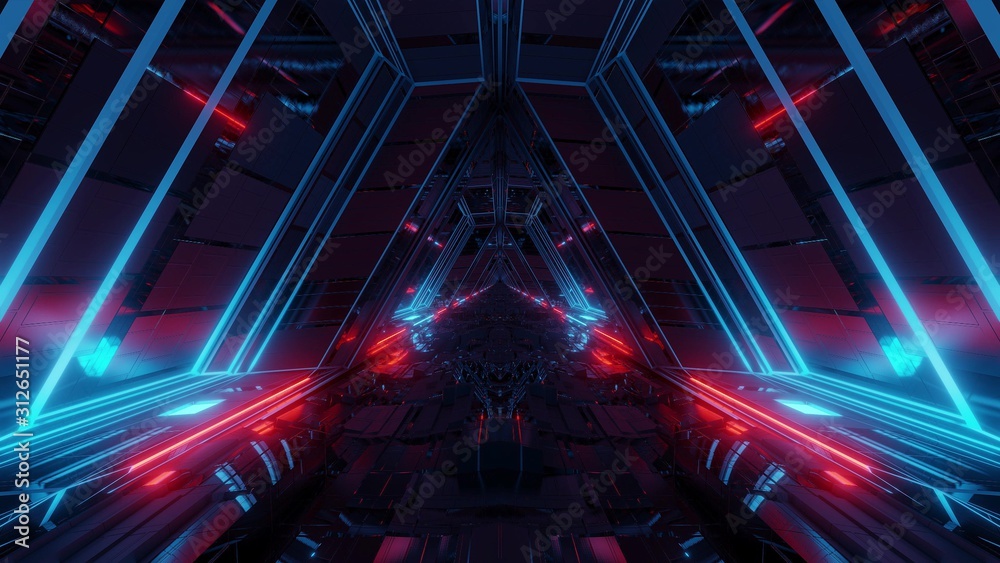 futuristic sci-fi space war ship hangar tunnel corridor with reflective glass windows 3d illustration background wallpaper