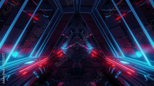futuristic sci-fi space war ship hangar tunnel corridor with reflective glass windows 3d illustration background wallpaper