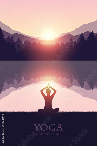 yoga for body and soul meditating person silhouette by the lake with mountain landscape vector illustration EPS10