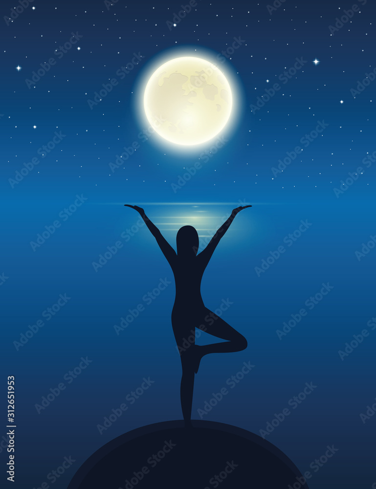 yoga meditating person silhouette by the ocean with full moon and starry sky vector illustration EPS10