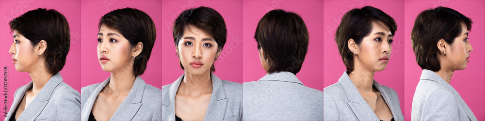 Collage Group pack Portrait of Asian Business Woman wear Gray Formal Blazzer Suit, chat and work on smart mobile phone, studio lighting Pink background isolated, Lawyer Boss act posing look 360 around Collage Group pack Portrait of Asian Business Woman wear Gray Formal Blazzer Suit, chat and work on smart mobile phone, studio lighting Pink background isolated, Lawyer Boss act posing look 360 around