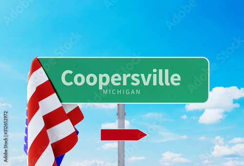 Coopersville – Michigan. Road or Town Sign. Flag of the united states. Blue Sky. Red arrow shows the direction in the city. 3d rendering