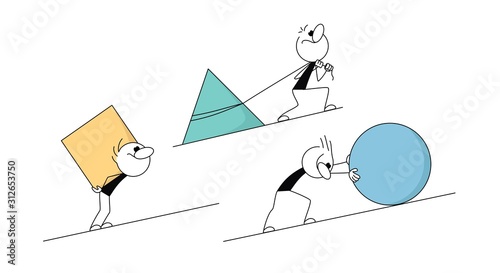 Businessman or man pushing sphere and leading the race against group other not so lucky guy pushing boxes. Concept of innovation in business, winning strategy.