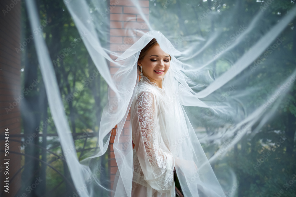beautiful bride in a wedding morning in a bathrobe and veil beautiful bride in a wedding morning in a bathrobe and veil