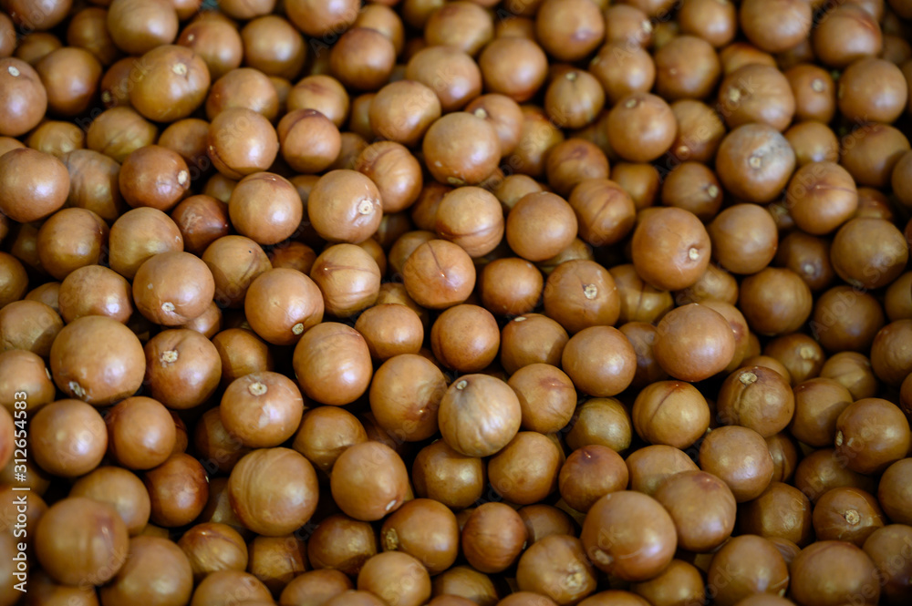 Many fresh ripe macamadia nuts in brown shell, food background Many fresh ripe macamadia nuts in brown shell, food background