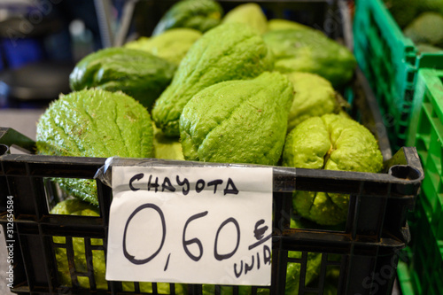 Chayota vegetable peer on local market on Tenerife island, Canary islands, Spain photo