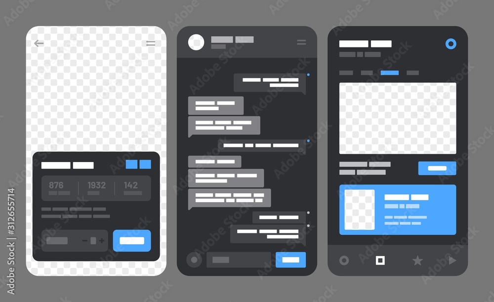 Mobile app concept for social media, online store, hotel reservation. Wireframes screens. Flowchart with UI elements.