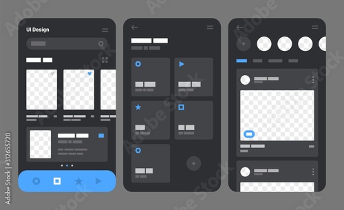 Mobile app concept for social media, online store, hotel reservation. Wireframes screens. Flowchart with UI elements.