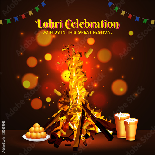 Vector illustration of Happy Lohri celebration holiday background for Punjabi festival with bokeh effect and realistic lassi and ladoo.