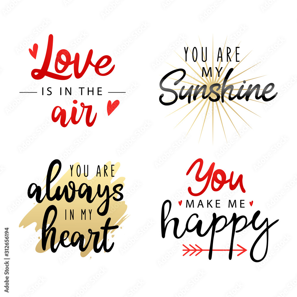 Set of calligraphic quotes. Happy typographic background. Hand lettering text isolated in white background. For greeting cards, print design. Flat style. Vector Illustration Set of calligraphic quotes. Happy typographic background. Hand lettering text isolated in white background. For greeting cards, print design. Flat style. Vector Illustration