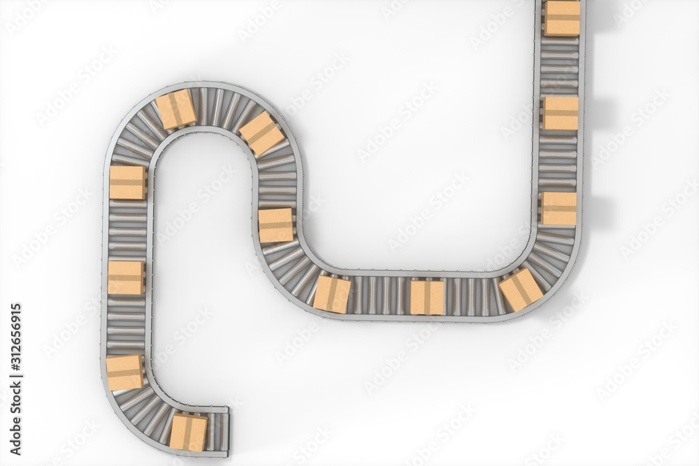 Fototapeta premium Boxes moving on the conveyor belt, 3d rendering.