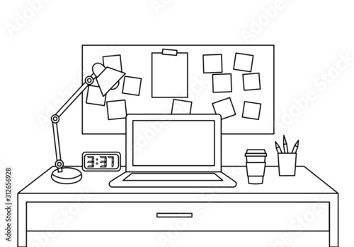 Laptop computer on office desk with office accessories. Hand drawn line art design vector illustration.