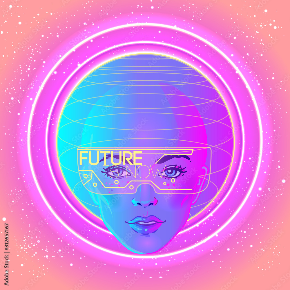 Futuristic synth wave style. Retroparty flyer template. Portrait of a young pretty androgynous woman with short shaved pixie undercut in retro futurism style. Vector illustration in neon bright color