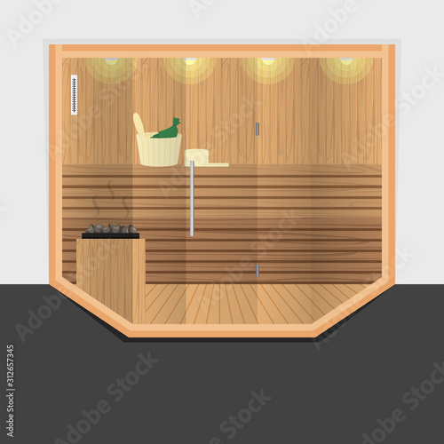 Vector Illustration of Wooden Empty Sauna Room with Glass Door. Concept Flat Design of Bath House with Shelves, Burning Stove with Hot Stones, Bucket with Broom, Scoop, Thermometer and Ceiling Lights