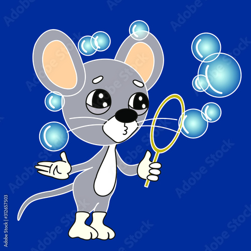 emoticon with a cool mouse that stands and blows bubbles, color vector clip art on blue isolated background