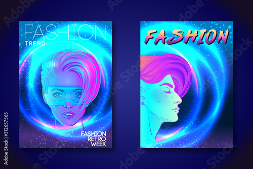Futuristic synth wave style. Retroparty flyer template. Portrait of a young pretty androgynous woman with short shaved pixie undercut in retro futurism style. Vector illustration in neon bright color