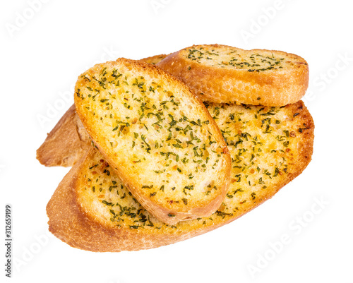 arlic and herb bread slices on white background.