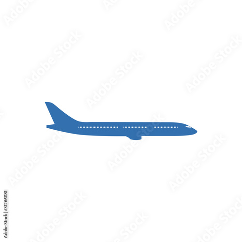 Airplane flies in the sky. Side view. Airliner. White airplane. Cartoon vector illustration.