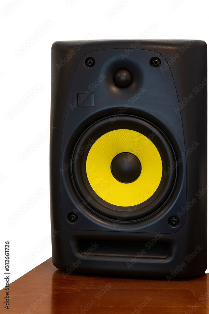 High quality loudspeaker on wooden shelf for hifi sound system and recording studio.