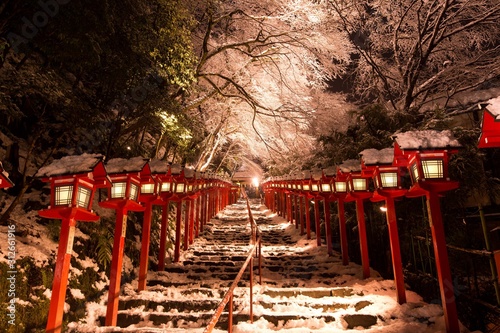  Kifune shrine with snow in winter night, Kyoto, Japan