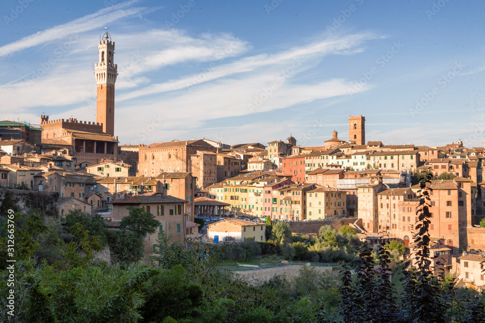 Siena, Toscana,. Panoramica della città  con Torre del Mangia, dagli orti Tolomei