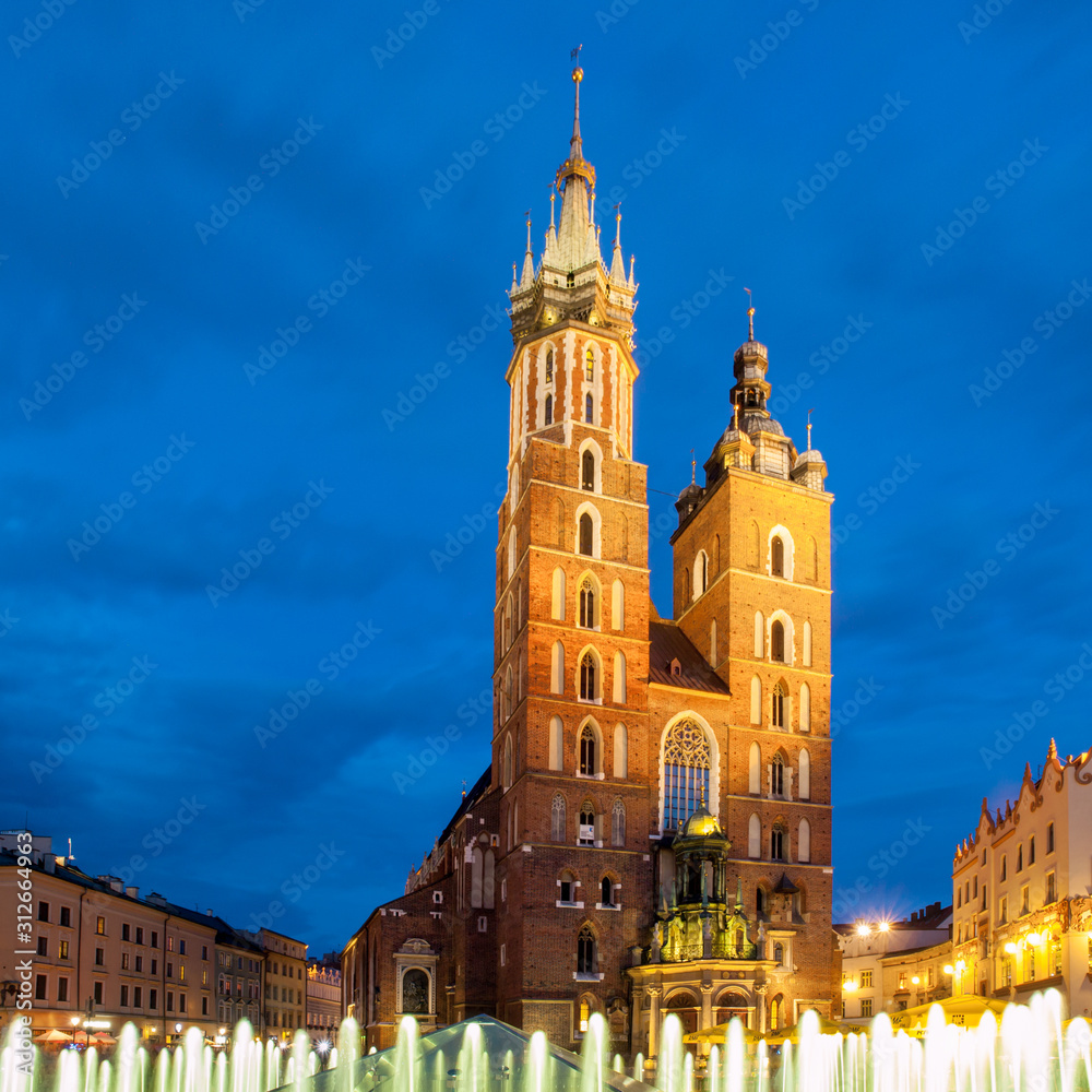 St. Mary Church with two towers by night, Krakow, Poland