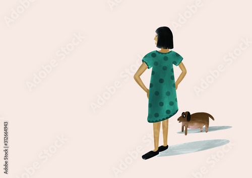 Vector illustration of young girl with a dog for children book cover with space for text
