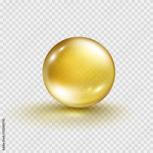 Gold bubble isolated on transparent background. Cosmetic vitamin capsule or oil pill. Golden glass ball template. Vector 3d serum collagen essence.