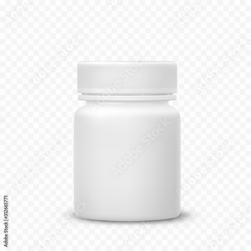 Bottle mockup isolated on transparent background. White medicine plastic package for pills, vitamins or capsules. Vector empty jar, container mock up..