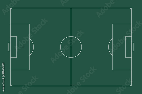 Imitation of a sports European football field. Top view for easy use in strategy or background. White marking lines on green. Flat style.