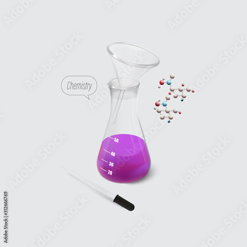 Isometric Chemical Laboratory Equipments,Dropper and Glass Erlenmeyer Flask with  Funnel 