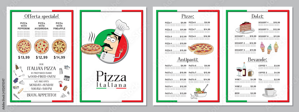 Obraz premium Italian pizza restaurant menu template - pizzas, pastas, dessert
