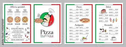 Italian pizza restaurant menu template - pizzas, pastas, dessert