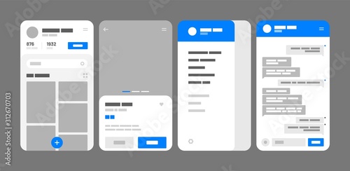 UI elements for mobile app concept. Use for social media, online store, hotel reservation. Wireframes screens. Flowchart.