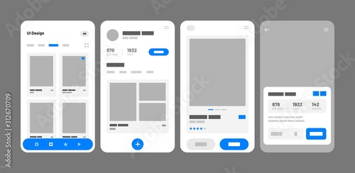 UI elements for mobile app concept. Use for social media, online store, hotel reservation. Wireframes screens. Flowchart.