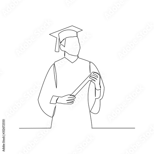 continuous line drawing of graduation man wear toga hat vector illustration