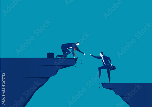 businessman helping hands hanging cliff help concept together. vector illustrator photo