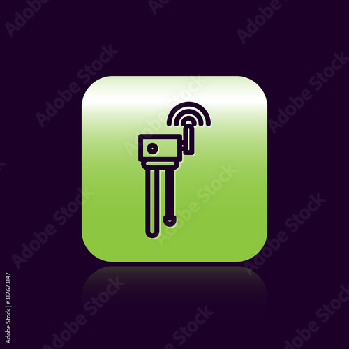 Black line Router and wi-fi signal symbol icon isolated on black background. Wireless ethernet modem router. Computer technology internet. Green square button. Vector Illustration
