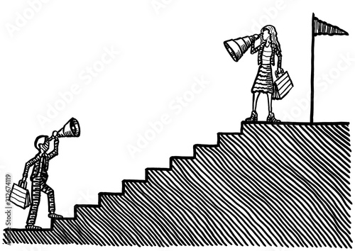 Drawn Business Woman Looking Back To Competitor