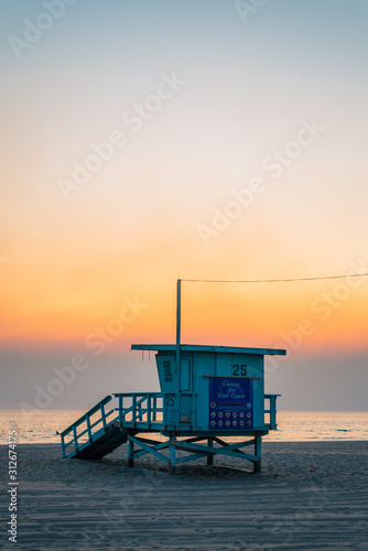 Lifeguard stand on the beach at sunset  in Santa Monica  California