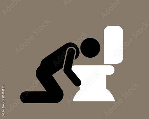 Man is vomiting into toilet bowl and wc. Nausea, sickness and indisposition because of health problem or being drunk. Vector illustration.