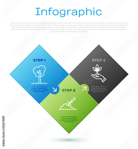 Set line Tree, Plant in hand of environmental protection, Garden trowel spade or shovel in the ground and Tree with apple. Business infographic template. Vector photo