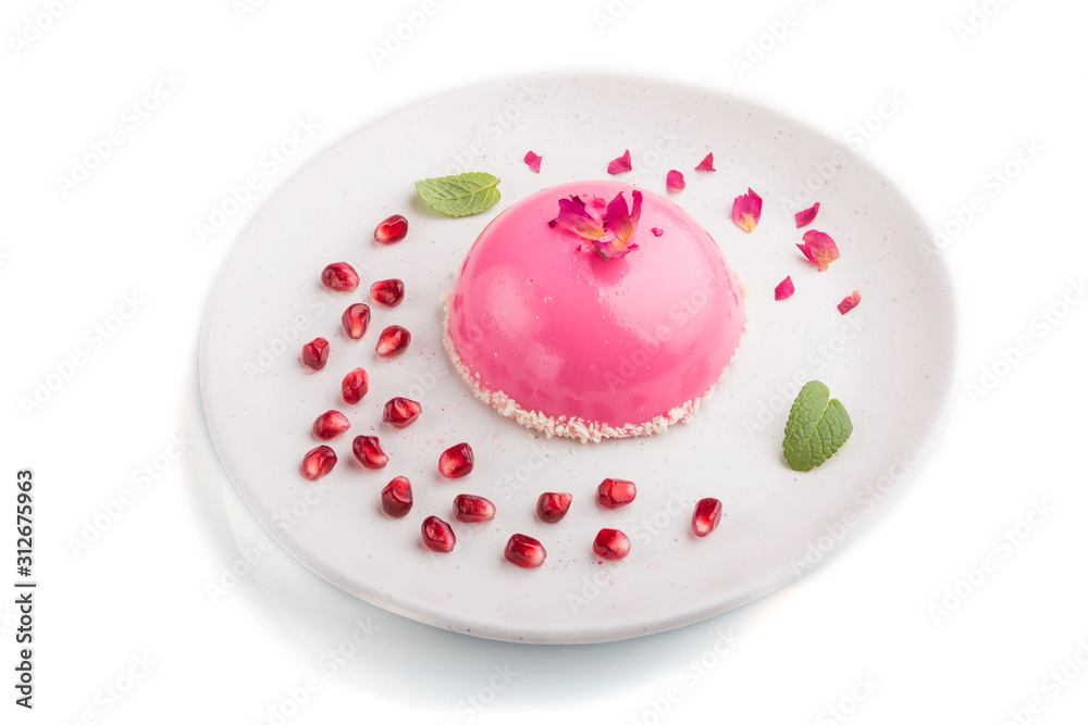 Fototapeta premium Pink mousse cake with strawberry isolated on white background. top view.