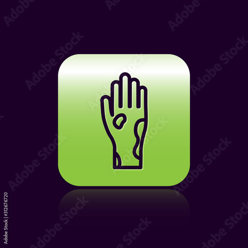 Black line Hand with psoriasis or eczema icon isolated on black background. Concept of human skin response to allergen or chronic body problem. Green square button. Vector Illustration