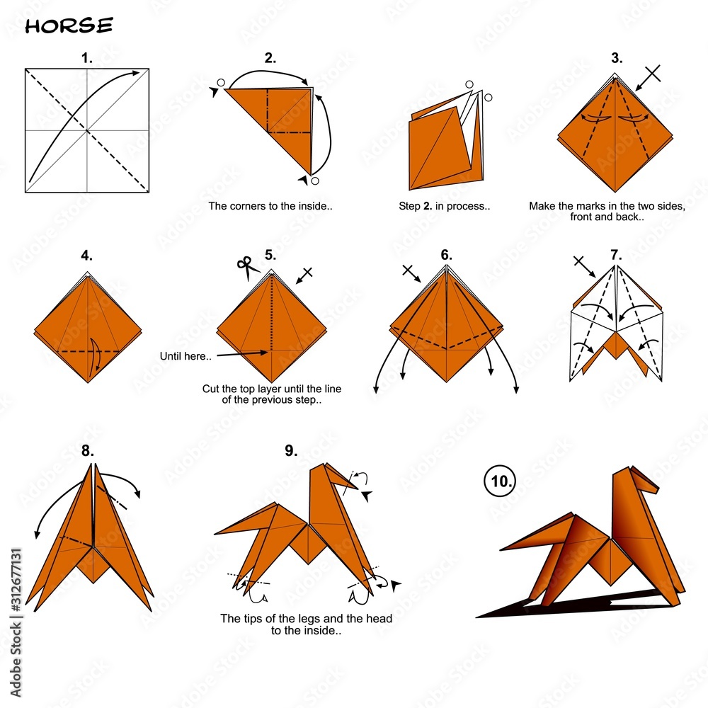 Origami horse diagram steps instructions paperfolding paper art ilustración  de Stock | Adobe Stock