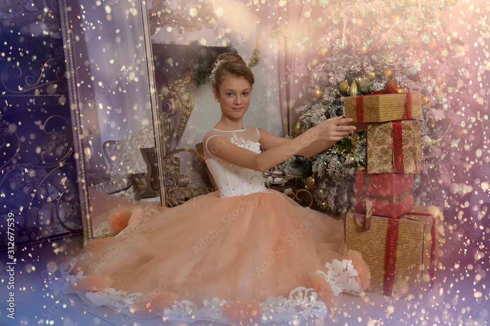 beautiful young girl with evening hairstyle in pink with white dress in ...