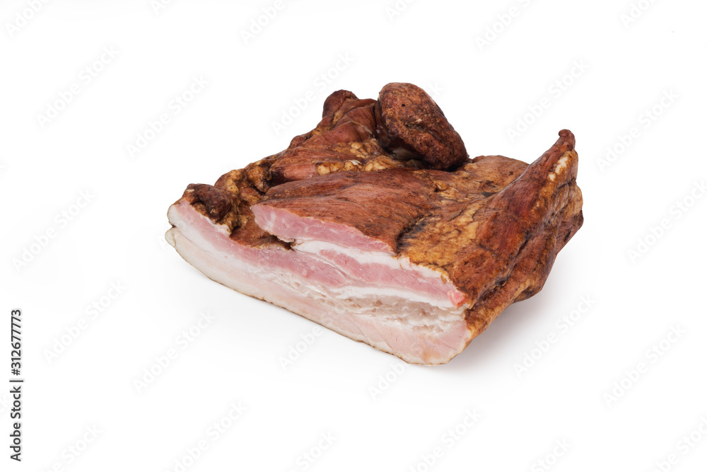 Smoked pork bacon on a white background. Food product. Smoked pork bacon on a white background. Food product.