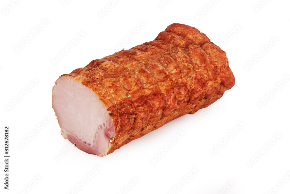 Smoked and steamed pork tenderloin. Traditional sausage products white white background. Smoked and steamed pork tenderloin. Traditional sausage products white white background.