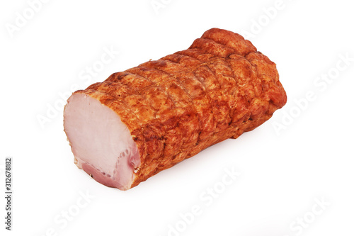 Smoked and steamed pork tenderloin. Traditional sausage products white white background.
